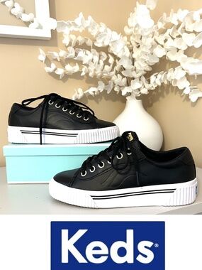 Like New! Keds Crew Kick Sneakers Black Leather Gold Accents #64947 Size 6
